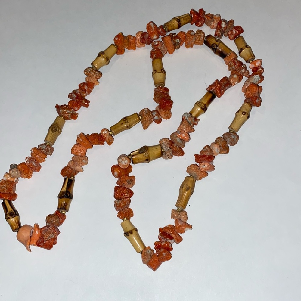 Vintage, funky, fun, coral, and wood Boho necklace